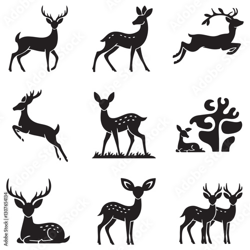 Collection of Graphic black silhouettes of wild deers male, female, and roe deer. Graphic black silhouettes of wild deers – male, female and roe deer