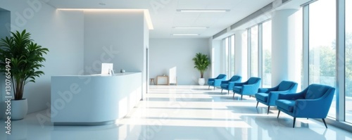 Modern white reception desk, blue chairs in hospital lobby, clean, design