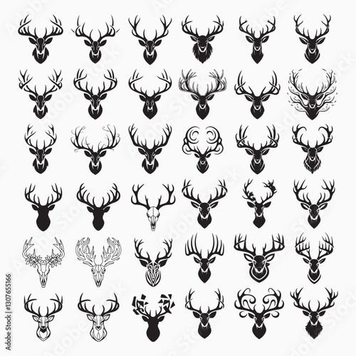 set of deer silhouettes set of deer head silhouettes the set of deer horns is given totally The deer head silhouette