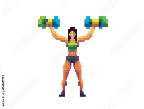  Pixel art woman lifting dumbbells in retro game style