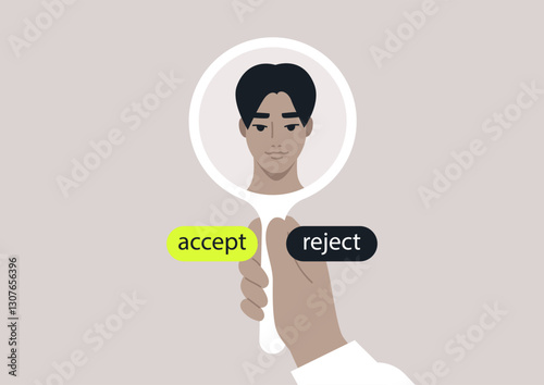 A hand holds a mirror displaying a self-portrait reflecting themes of acceptance and rejection, inviting introspection