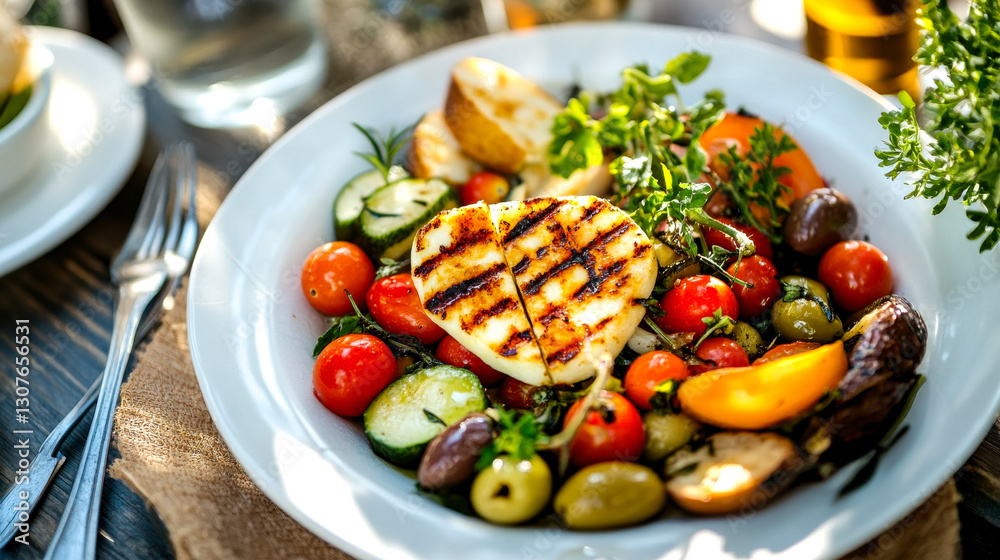 A vibrant salad with grilled cheese, assorted vegetables, and olives, beautifully arranged on a plate, perfect for a fresh meal.