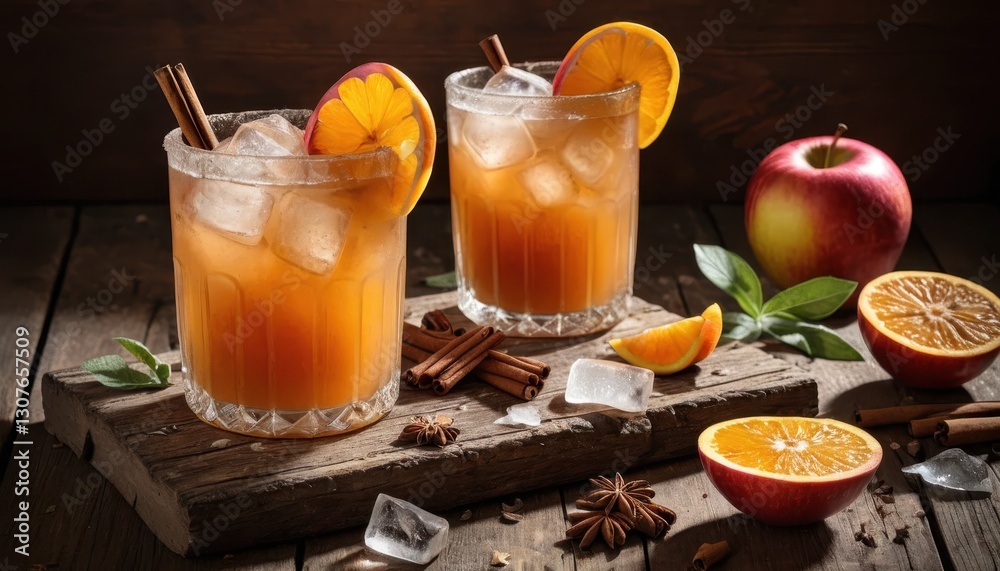 Fototapeta premium Refreshing Fruit Cocktails in Elegant Glasses with Apple, Orange, Cinnamon, and Ice on Wooden Board, Capturing Autumn Vibes