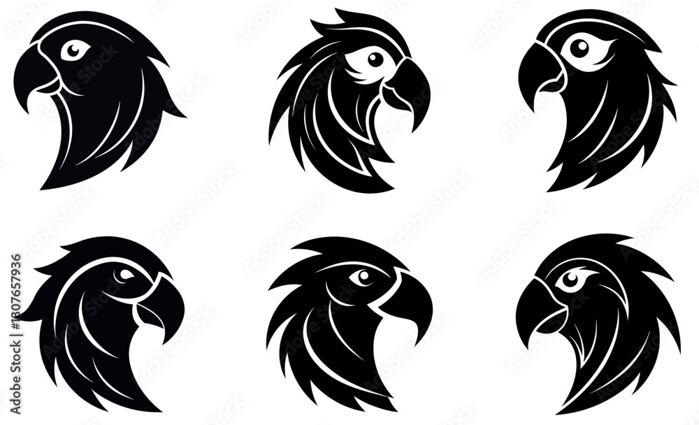 Fototapeta premium This image showcases six stylized parrot head logos, presented in a clean, black and white design.