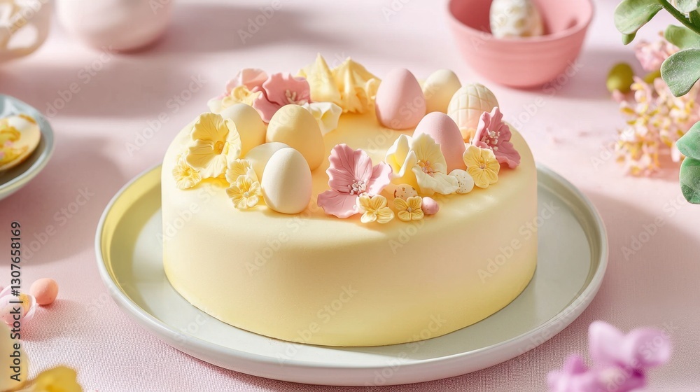 Delicious pastel-themed cake adorned with decorative eggs and flowers for a spring celebration Delicious pastel-themed cake adorned with decorative eggs and flowers for a spring celebration