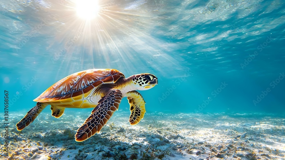 Fototapeta premium A sea turtle swimming gracefully underwater with sunlight filtering through the surface. Concept Sea Turtle Behavior, Underwater Photography, Light and Shadow, Marine Life Conservation
