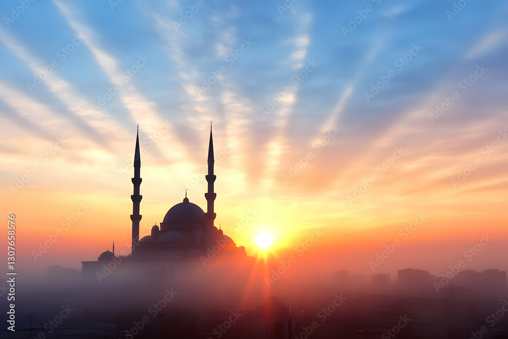 Obraz premium Majestic mosque silhouette at sunrise over a foggy city; ideal for religious, travel, or cultural publications