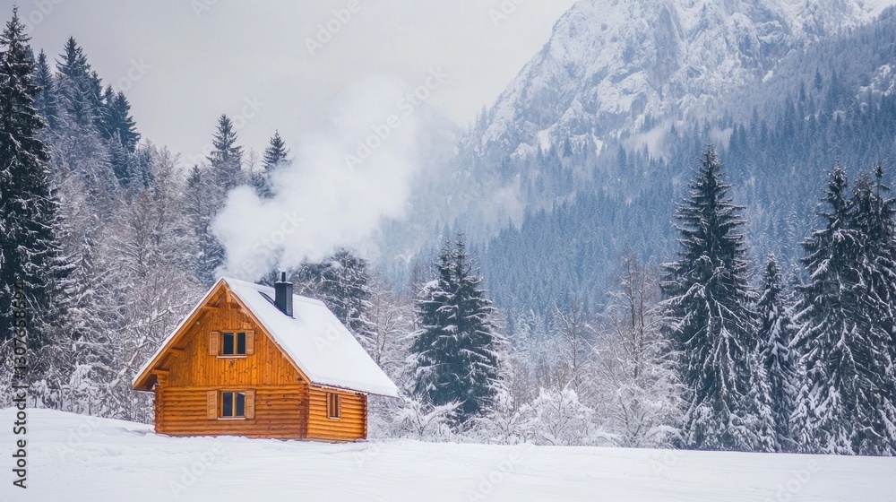 Cozy wooden cabin surrounded by snow-covered trees in winter landscape at sunrise with smoke rising from chimney Cozy wooden cabin surrounded by snow-covered trees in winter landscape at sunrise with smoke rising from chimney