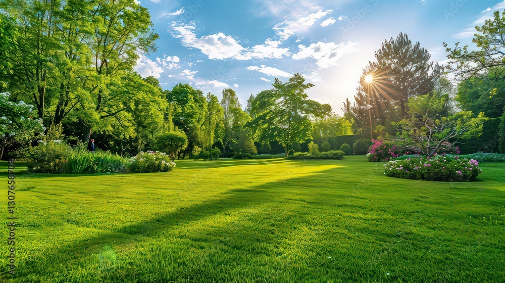 Fototapeta premium An expansive park with a wide green field and clear blue skies, ideal for displaying text and product images.
