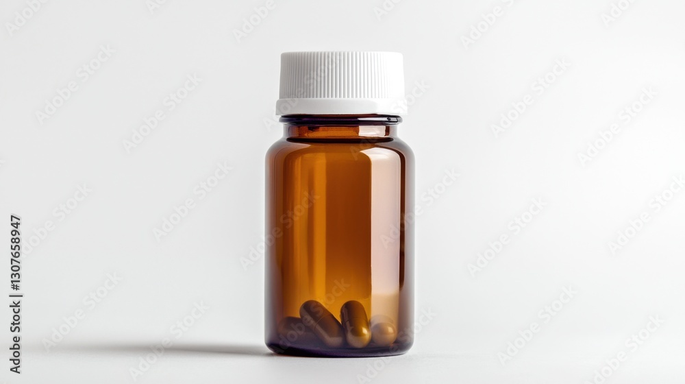 Brown glass container with white cap holding dietary supplements displayed against a neutral background Brown glass container with white cap holding dietary supplements displayed against a neutral background