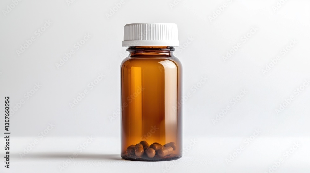 Clear brown glass bottle containing capsules against a light background Clear brown glass bottle containing capsules against a light background