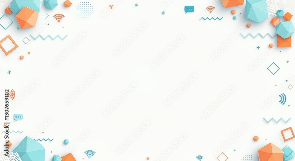 Abstract geometric frame with orange and blue 3D shapes on white background Abstract geometric frame with orange and blue 3D shapes on white background