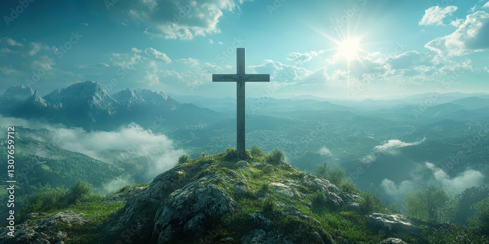 Scenic mountain view with a cross on a rocky hilltop during sunrise in a serene landscape Scenic mountain view with a cross on a rocky hilltop during sunrise in a serene landscape