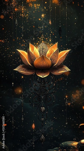 Golden Lotus Flower Shining Radiantly Against A Mysterious Black Background, Representing Tranquility And Spiritual Growth In A Serene Setting
