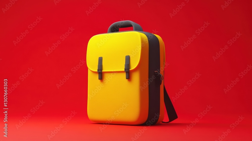 A stylish and contemporary yellow backpack with black straps set against a striking red background. The sleek and functional design makes it perfect for travel, business A stylish and contemporary yellow backpack with black straps set against a striking red background. The sleek and functional design makes it perfect for travel, business