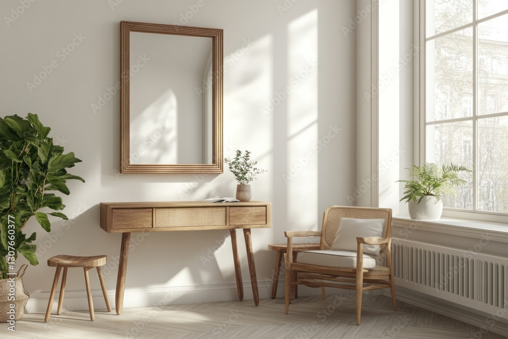 Fototapeta premium Sunny, minimalist wooden vanity area with mirror, chair, and plants.