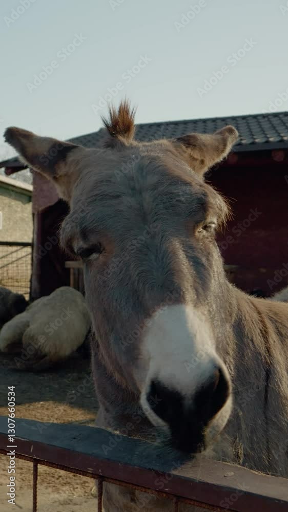 Vertical Screen: Visit a tranquil donkey farm where friendly donkeys interact with visitors. Enjoy the beautiful landscape and watch the animals during a sunny afternoon. Experience farm life up close Vertical Screen: Visit a tranquil donkey farm where friendly donkeys interact with visitors. Enjoy the beautiful landscape and watch the animals during a sunny afternoon. Experience farm life up close