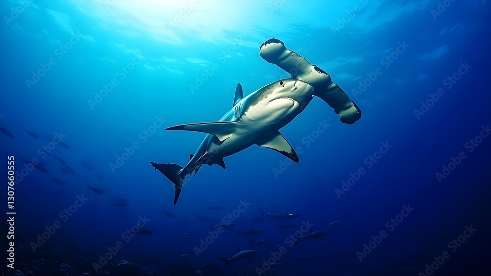 Fototapeta premium A shark swimming underwater amidst a school of fish, showcasing the ocean's vibrant marine life. Concept Shark Behavior, Marine Life Diversity, Underwater Ecosystems, Fish Schools, Ocean Conservation