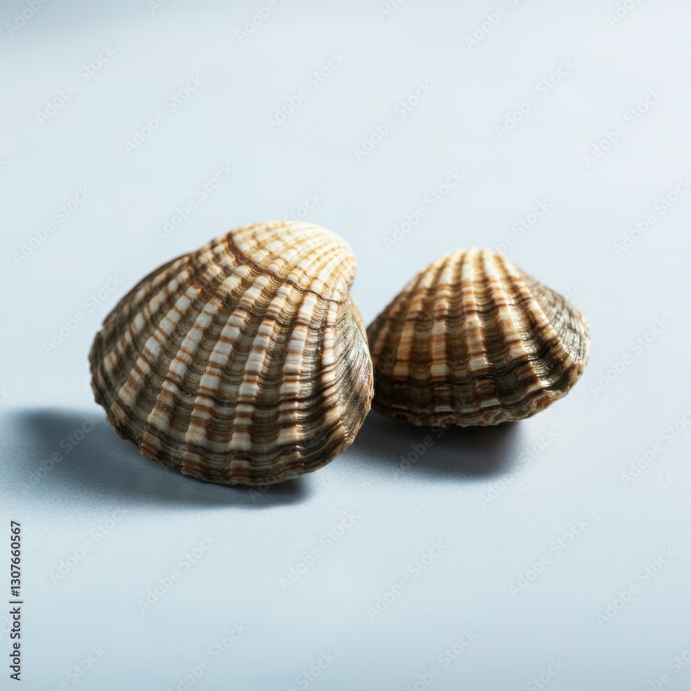 Close-up of two textured seashells on light background Close-up of two textured seashells on light background