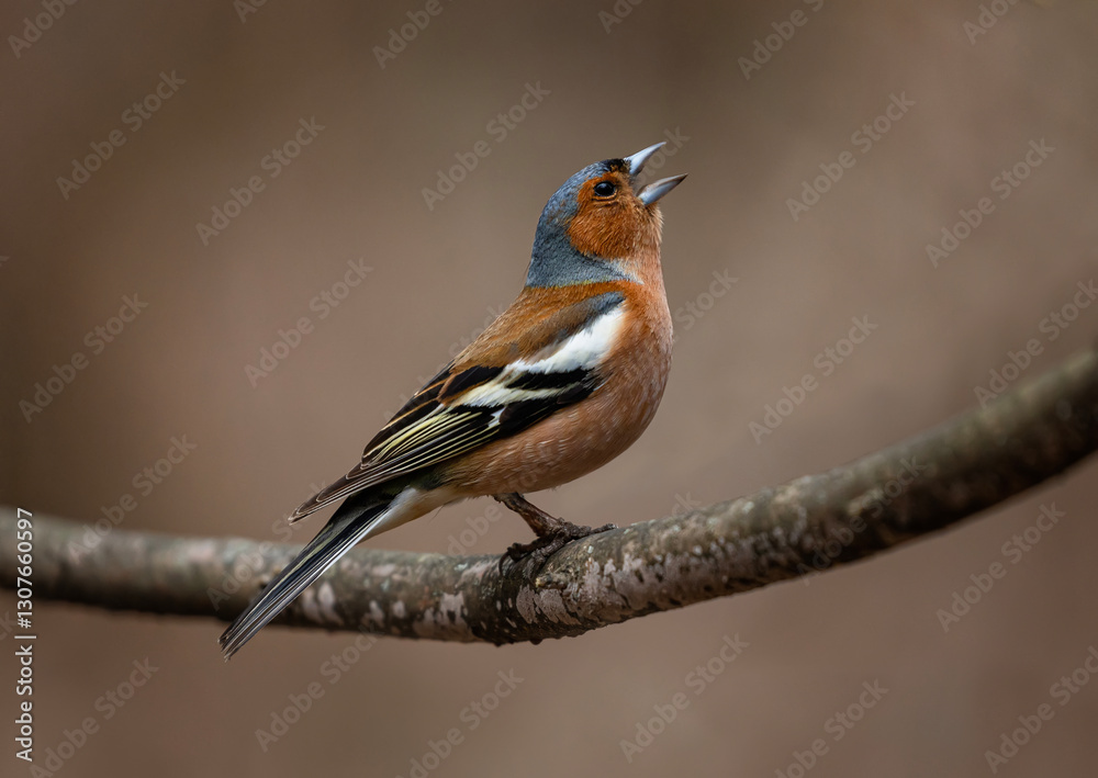 Fototapeta premium spring bird chaffinch male singing in spring sunny garden sitting on tree branch