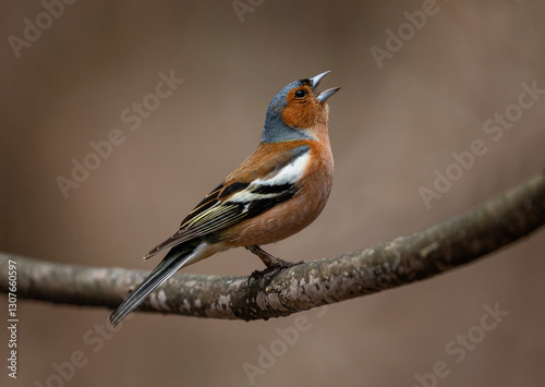 spring bird chaffinch male singing in spring sunny garden sitting on tree branch photo