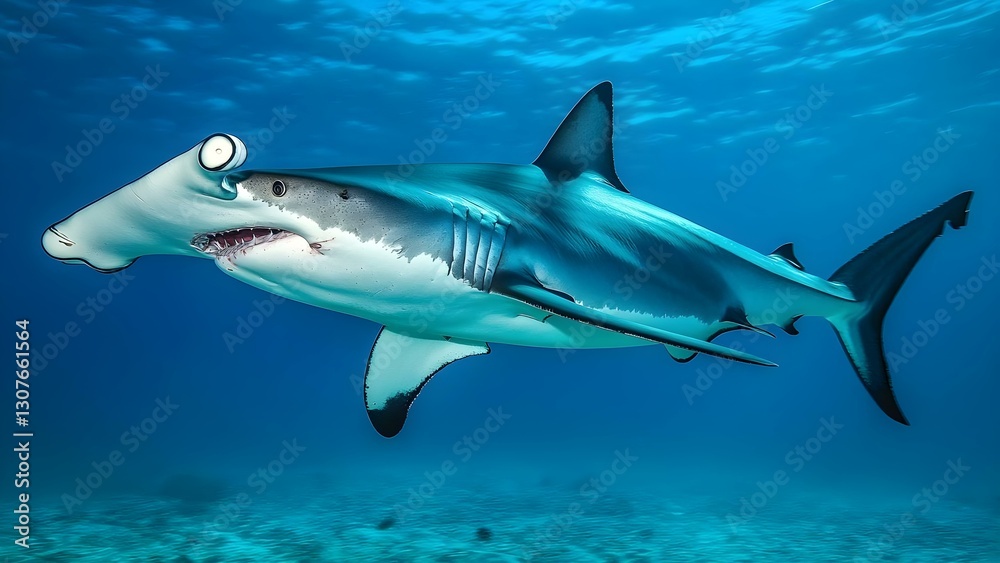 A hammerhead shark with cartoonish eyes, swimming in clear blue water. Its unique head shape is prominently displayed. Concept Hammerhead Shark, Cartoonish Character, Underwater Scene A hammerhead shark with cartoonish eyes, swimming in clear blue water. Its unique head shape is prominently displayed. Concept Hammerhead Shark, Cartoonish Character, Underwater Scene
