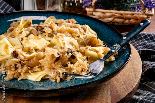 Pasta with sauerkraut and mushrooms.