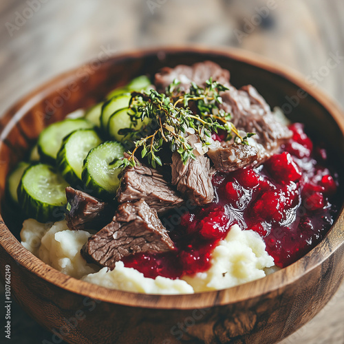 Finnish poronkäristys with reindeer meat and lingonberries photo