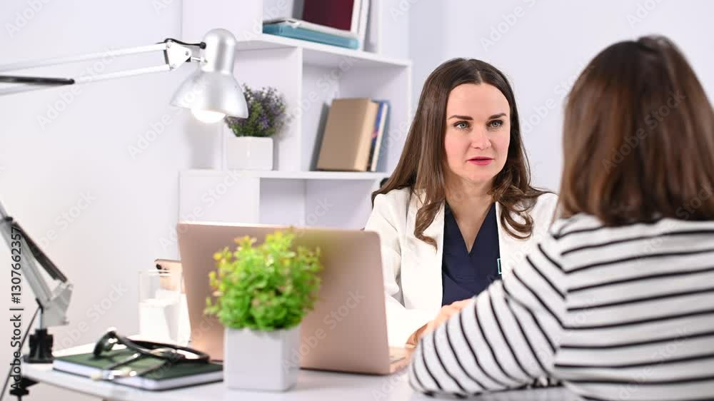 Female doctor wearing uniform sees patient in office, interviews and communicates. Patient at doctor's consultation Female doctor wearing uniform sees patient in office, interviews and communicates. Patient at doctor's consultation