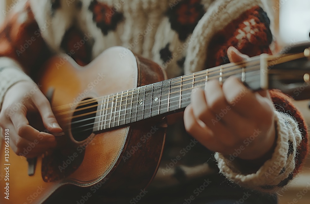 Fototapeta premium Playing Acoustic Guitar with Cozy Sweater in Warm Indoor Setting