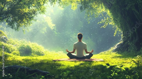 A group of men transitioning between yoga poses in a sunlit meadow, faces full of joy 