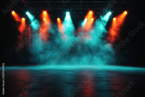 The colorful spotlights illuminate the stage at the concert, set against a dark background with a copy space theme