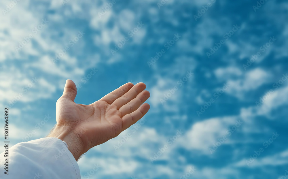 hand reaching towards sky, symbolizing hope and connection. bright blue sky with fluffy clouds enhances uplifting feeling of image hand reaching towards sky, symbolizing hope and connection. bright blue sky with fluffy clouds enhances uplifting feeling of image