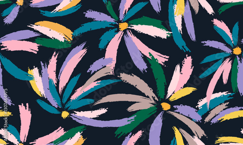 Floral pattern of abstract careless brush strokes. Modern seamless background of bright petals on dark. Print on fabric, wallpaper, bed linen, paper