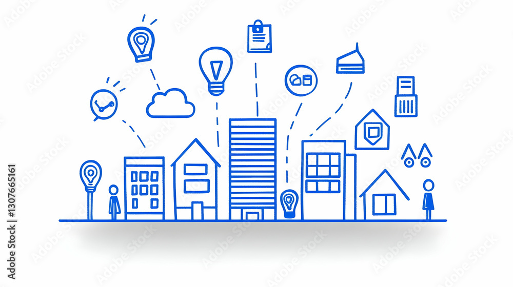 Fototapeta premium Urban Landscape with Digital Elements and Icons Representing Technology