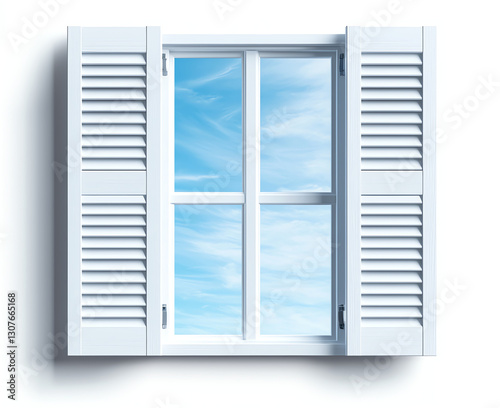white window with shutters, showcasing bright blue sky and fluffy clouds, creates serene and inviting atmosphere