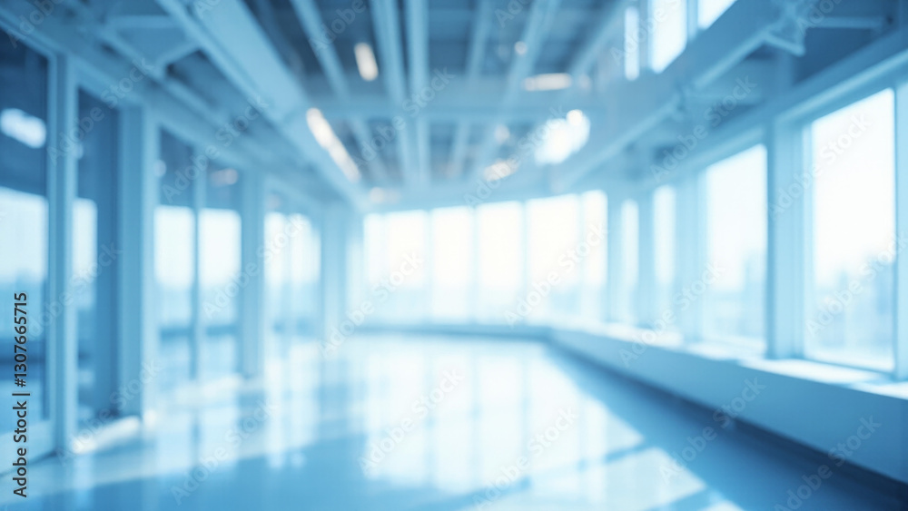 Beautiful light blue blurred background of a light modern hallway with steel beams and panoramic windows and beautiful lighting, business photo background, business profile banner, blurry Beautiful light blue blurred background of a light modern hallway with steel beams and panoramic windows and beautiful lighting, business photo background, business profile banner, blurry