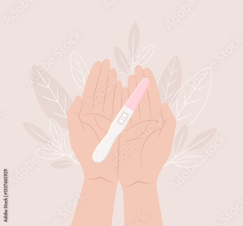 Female hands holding a positive pregnancy test in open palms, top view. Flat vector illustration