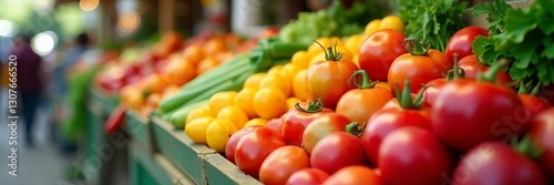 Close-up of colorful organic produce at farmers market stall, close-up, produce