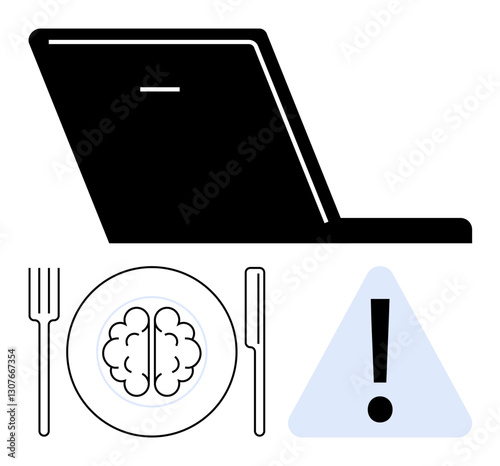 Laptop, fork, knife, plate with brain, and warning sign convey technology use, mental focus, and caution. Ideal for productivity, mindfulness multitasking mental health technology balance