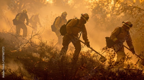 Firefighters use shovels to create a firebreak during wildfire containment efforts in a smoky forest area