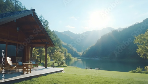 Mountain lake cabin sunrise; peaceful lakeside retreat with stunning mountain views; perfect for relaxation and nature escape; ideal for travel brochures or real estate ads