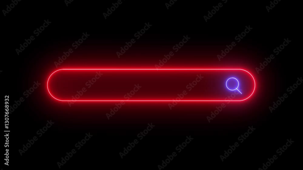 Seamless Loop Magnifying glass Searching Bar Flicker Neon Light Button Sign Symbol. The concept of a search bar in the browser for advertising or slogan. Vibrant glow neon search bar cyberpunk style