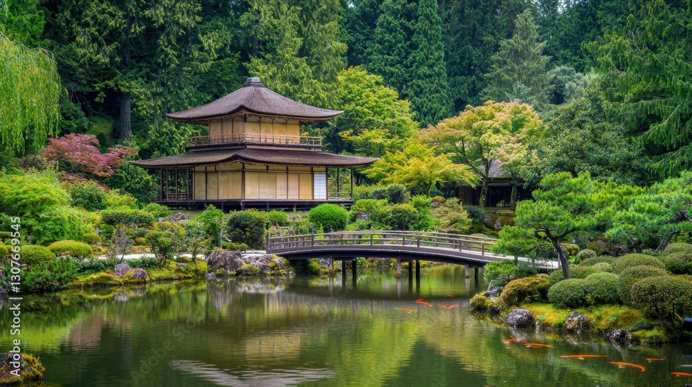 Serene Japanese garden with traditional structures and koi pond in vibrant autumn colors Serene Japanese garden with traditional structures and koi pond in vibrant autumn colors