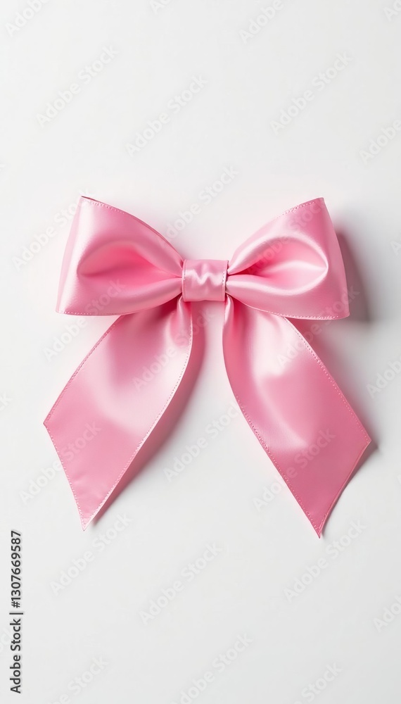 Close-up of delicate pink ribbon bow against clean white backdrop, concept of femininity and solidarity, white background, support Close-up of delicate pink ribbon bow against clean white backdrop, concept of femininity and solidarity, white background, support
