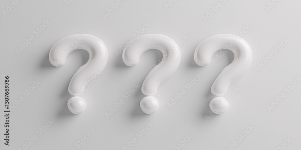 3D white question mark on a light background symbolizing mystery, uncertainty, curiosity, problem solving, minimalism, abstract concept 3D white question mark on a light background symbolizing mystery, uncertainty, curiosity, problem solving, minimalism, abstract concept