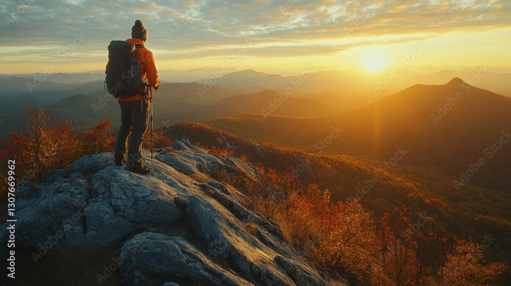 Obraz premium Adventurous Trekker on Rocky Peak Basking in Golden Sunrise Above Rolling Hills Scenic Beauty