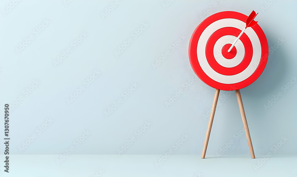 Target with Arrow on Stand Against Light Blue Background Target with Arrow on Stand Against Light Blue Background