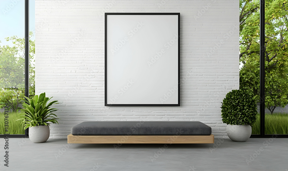 Fototapeta premium Modern Minimalist Interior with Blank Frame and Cozy Plants