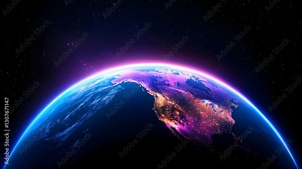 Obraz premium Sci-Fi Earth Day Illustration: Glowing Earth at Night with City Lights